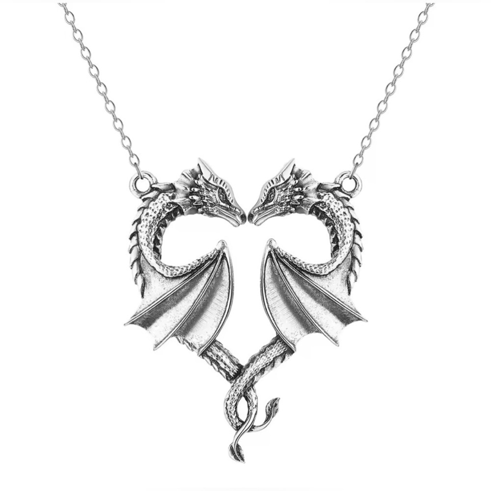 18K White Gold Two Kissing Dragons Heart Necklace - Picture 8 of 10